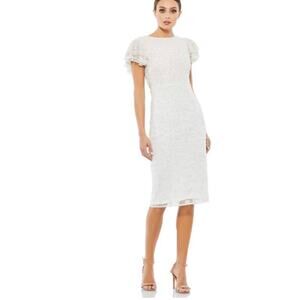 Mac Duggal 10827 Flounce Sleeve Sequined Floral Midi Sheath Dress White 4